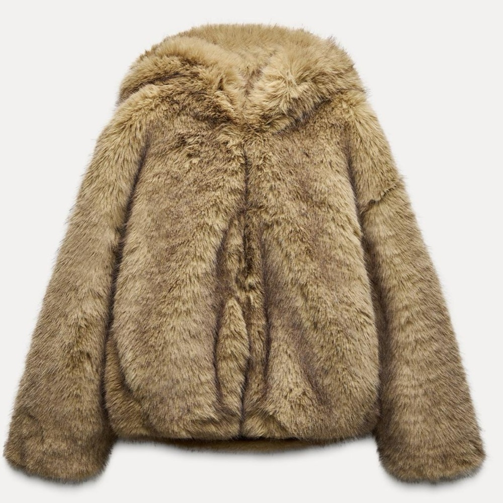 Zara Tan Faux Fur Hooded Jacket